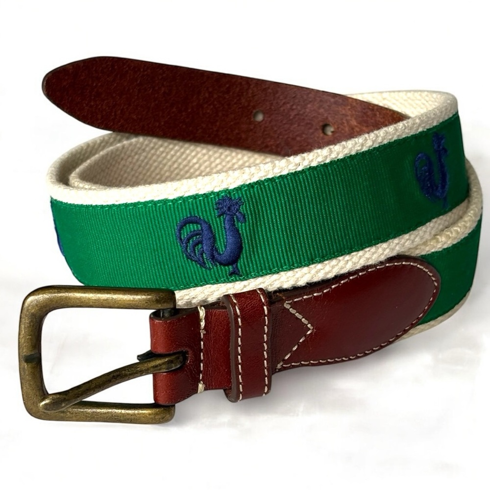 J.Crew Men’s Blue Rooster embroidered ribbon overlay adjustable belt | 36